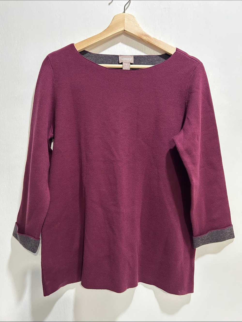 CHICOS Plum Wide Crewneck Pullover Sweater Flit Cuff  Sz 1 (MD)